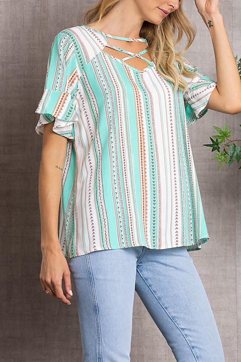 Criss cross bell short sleeves top (EDSW3328)