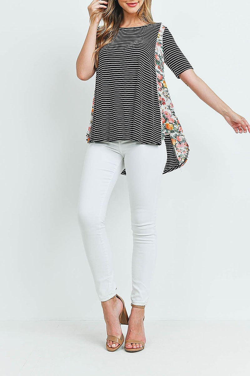 Floral print stripe color block top (ED9833)