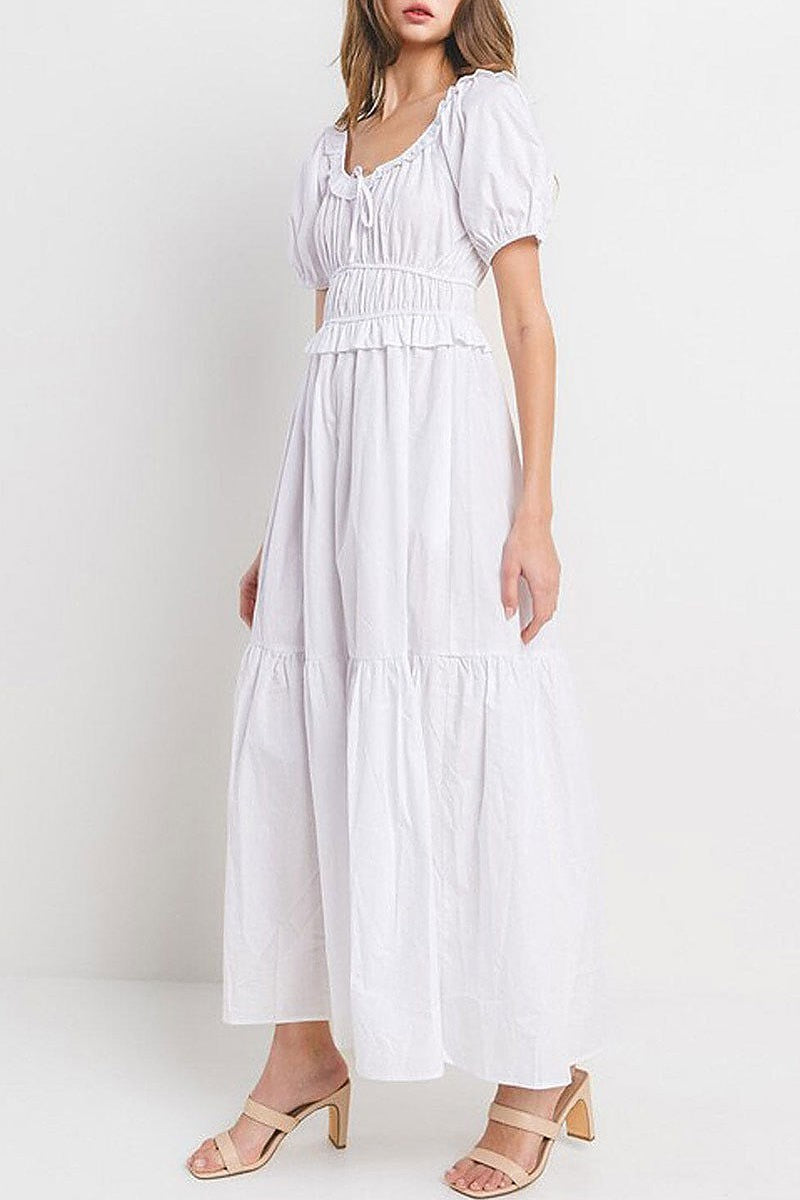 Short puff sleeve elastic waist tiered maxi dress (EGWT1405)