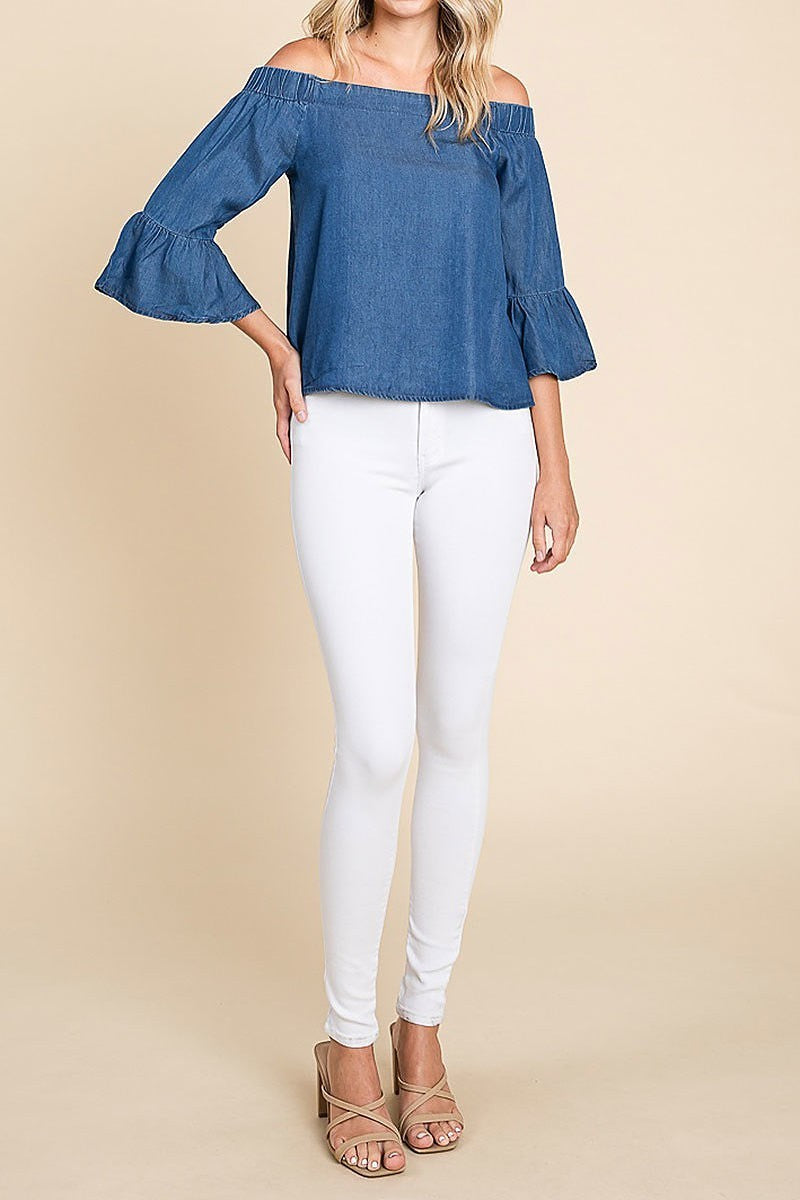 Chambray elastic off shoulder top (EDH1637)