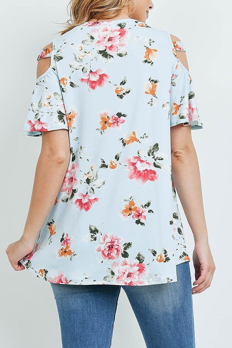 Floral print off shoulder flutter sleeve top (ED9164)