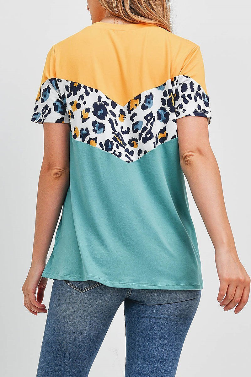 Chevron leopard color block top (EF1855)