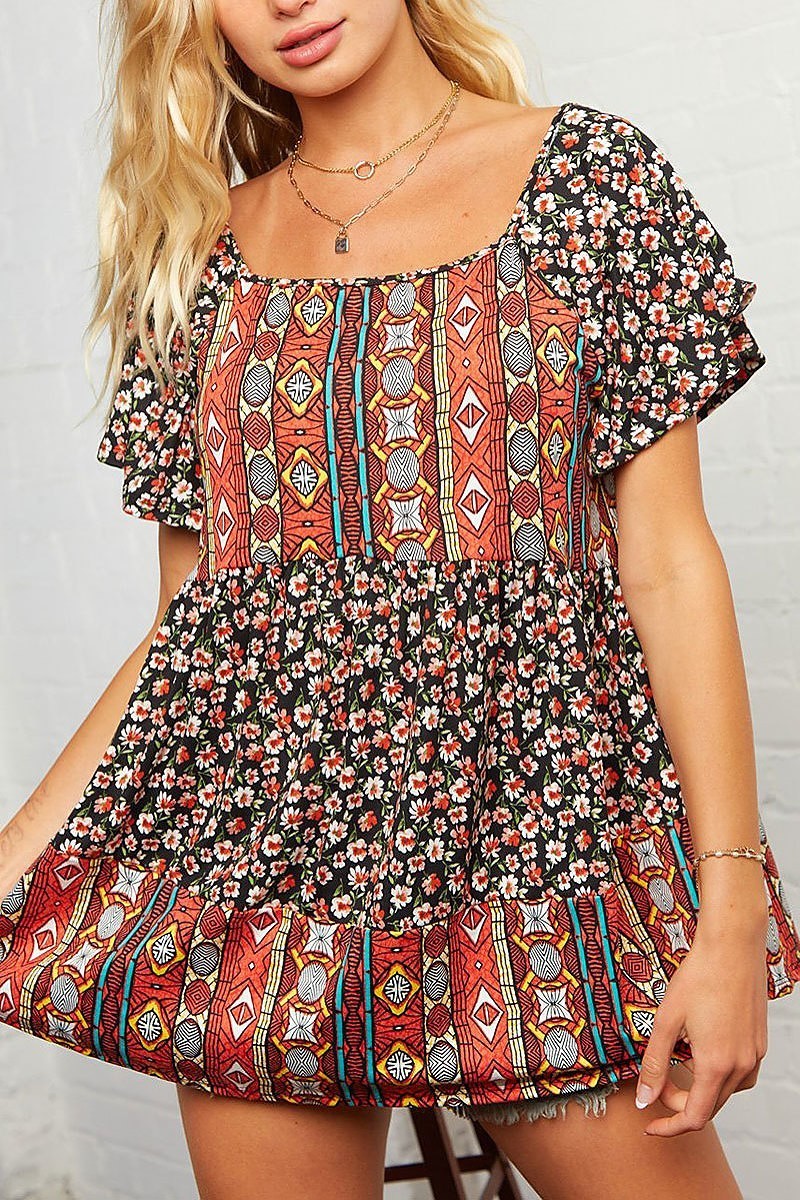 Floral bohemian print baby doll blouse (EDBM4806)