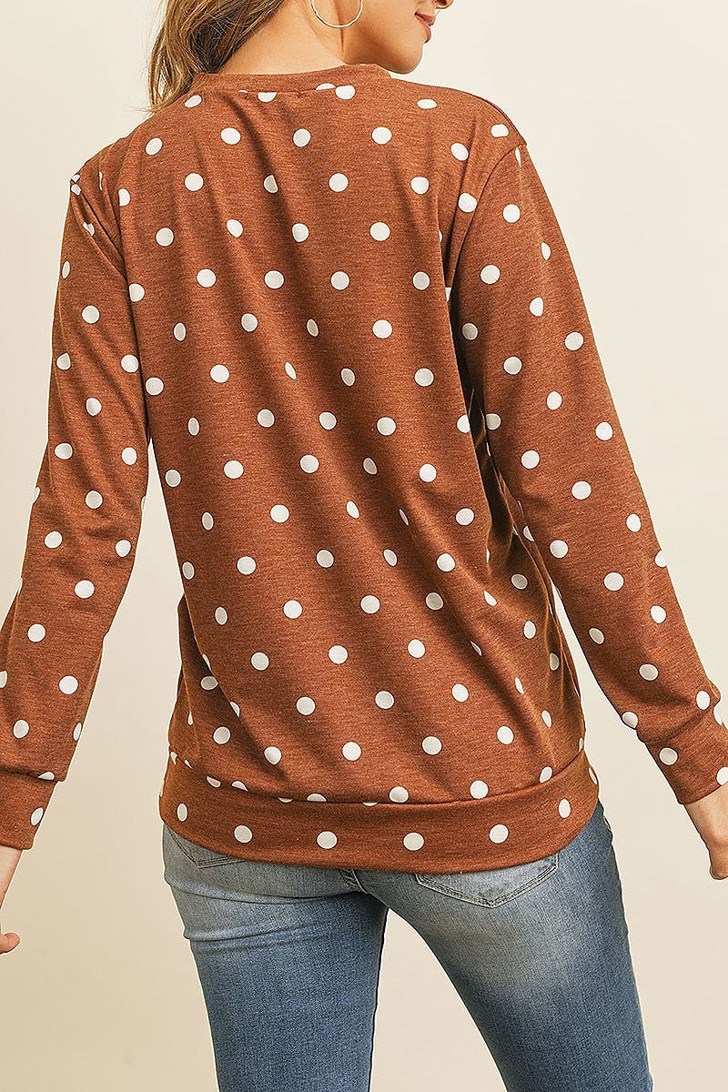 Fleeced polka dot print long sleeved pullover top (EF2654)