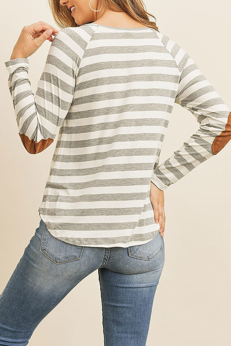 Striped long sleeve elbow patched top (ED8521)