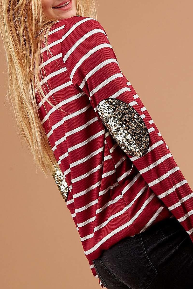 Sequin elbow patch twist front stripe top (DGBM9107-LAST)