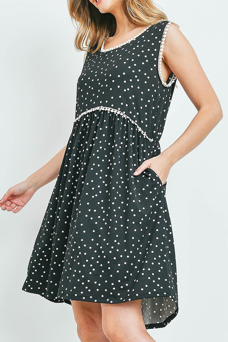 Polka dot sleeveless pompom detail neckline cinch waist baby doll dress with pockets (DED6176-3)