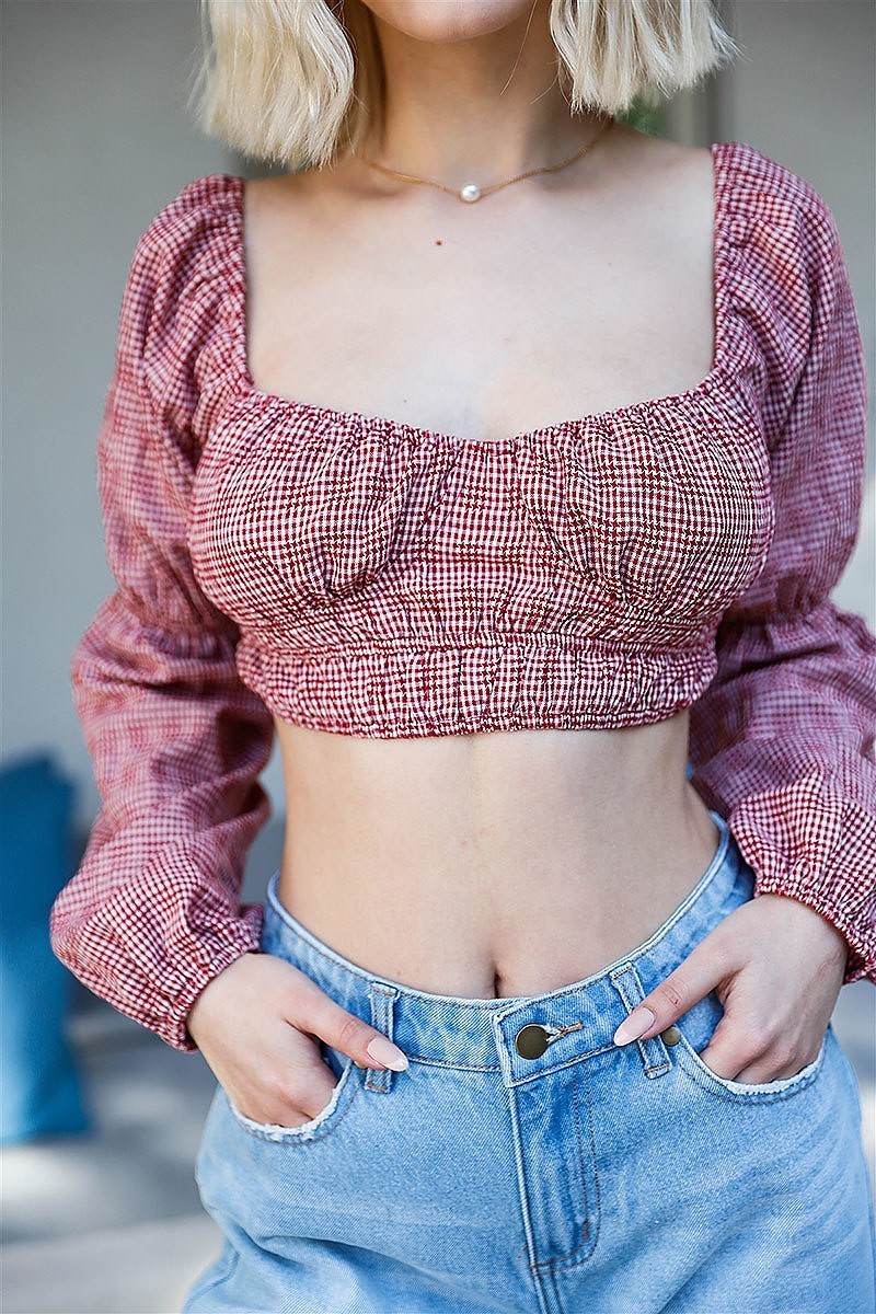 Cotton gingham puff long sleeve crop top (TDG9125)