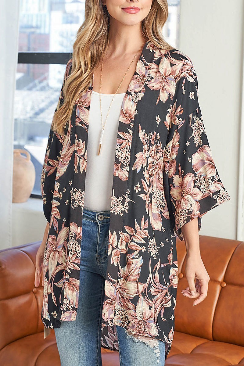 Floral print open front bohemian kimono (EF3130)