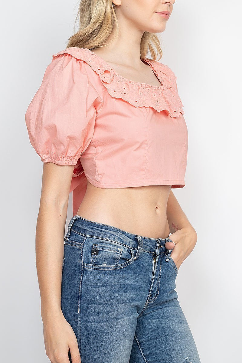 Square neck eyelet ruffle puff sleeve crop top (EF1845)