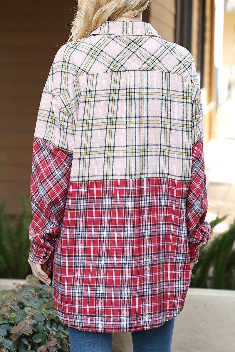 Puff long sleeve plaid contrast top (EF6958)