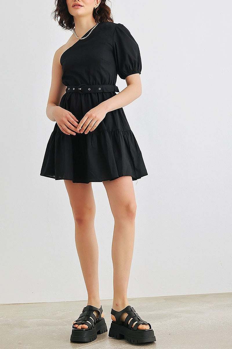 Cotton one shoulder belted mini dress (TED1941)