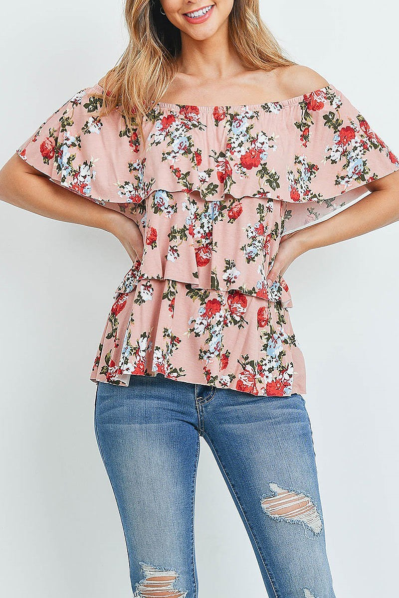 Off shoulder floral ruffle tiered layered top (ED8729-2)