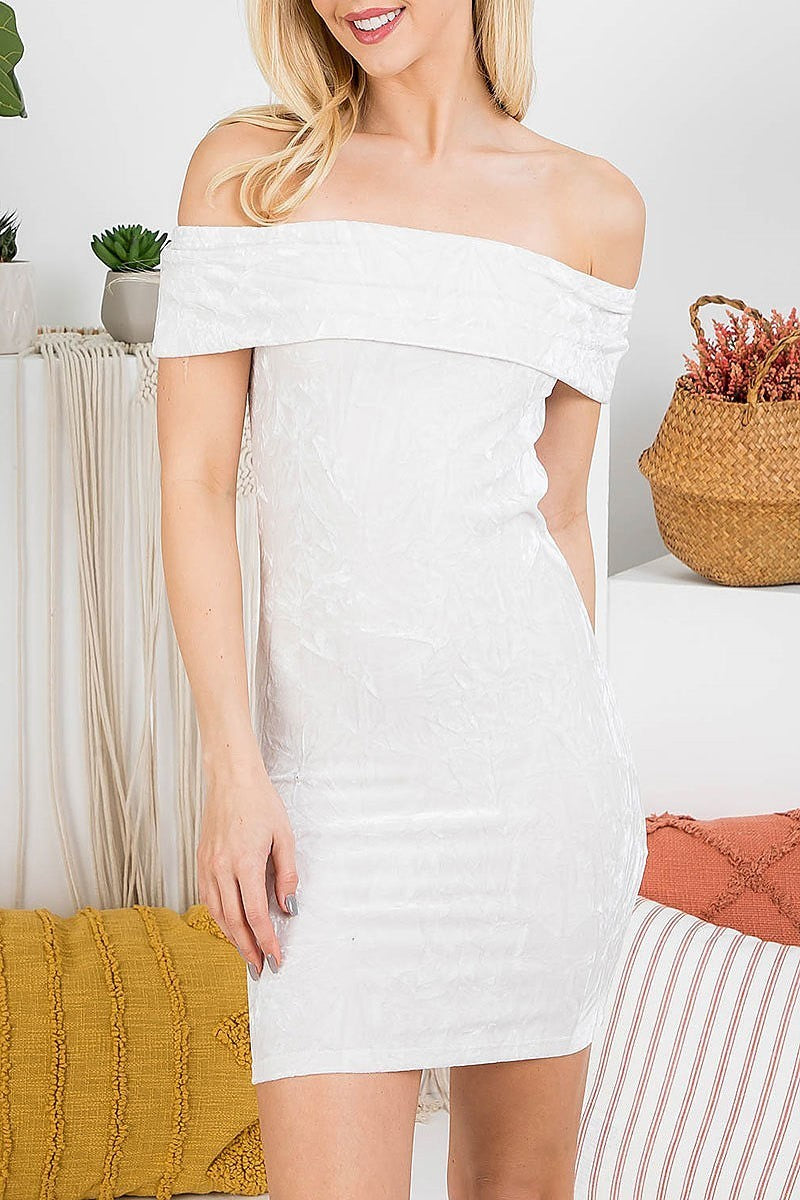 Crushed velvet off shoulder body con dress (DED7107)