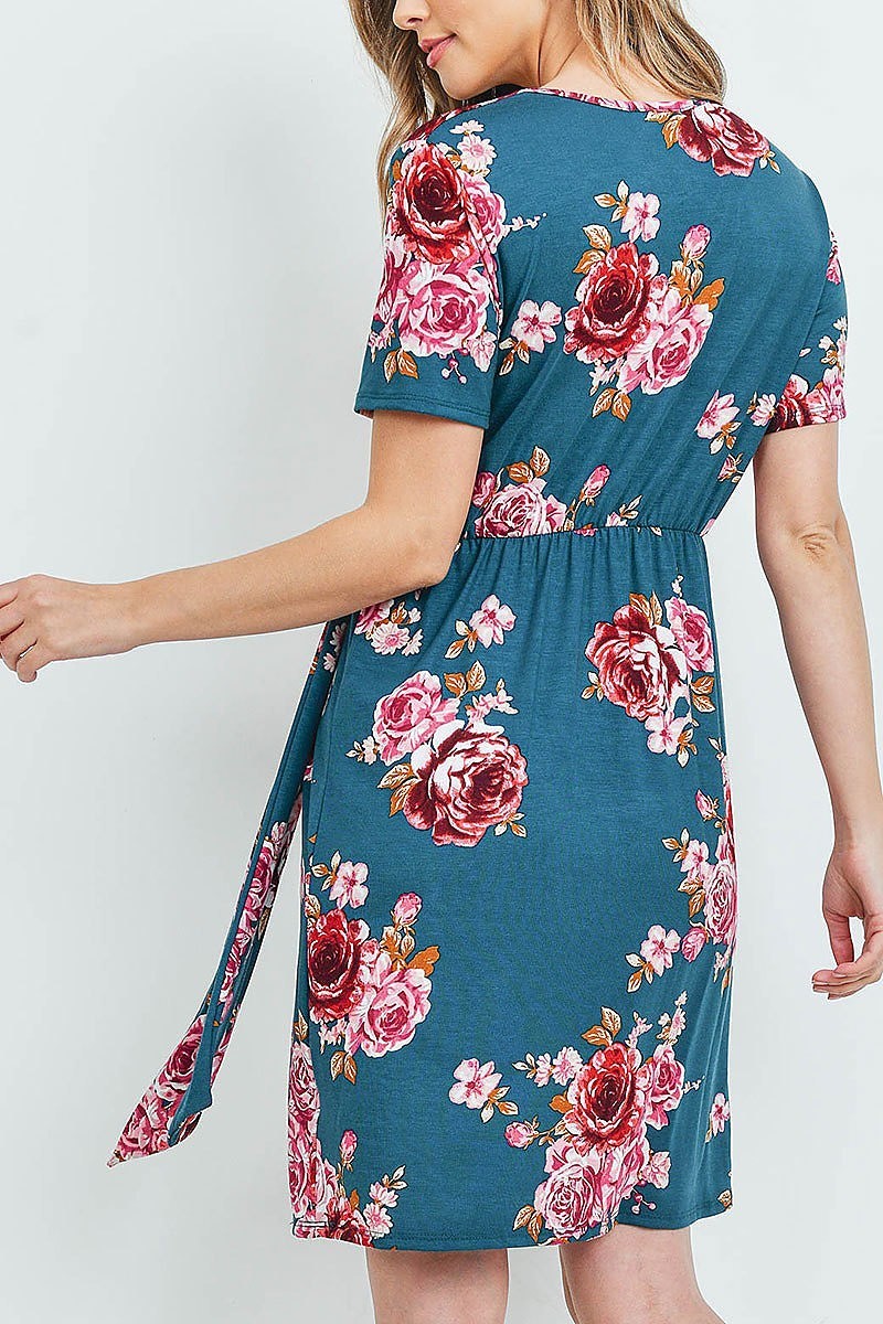 Surplice neckline cinch waist floral dress (DED6013-1)