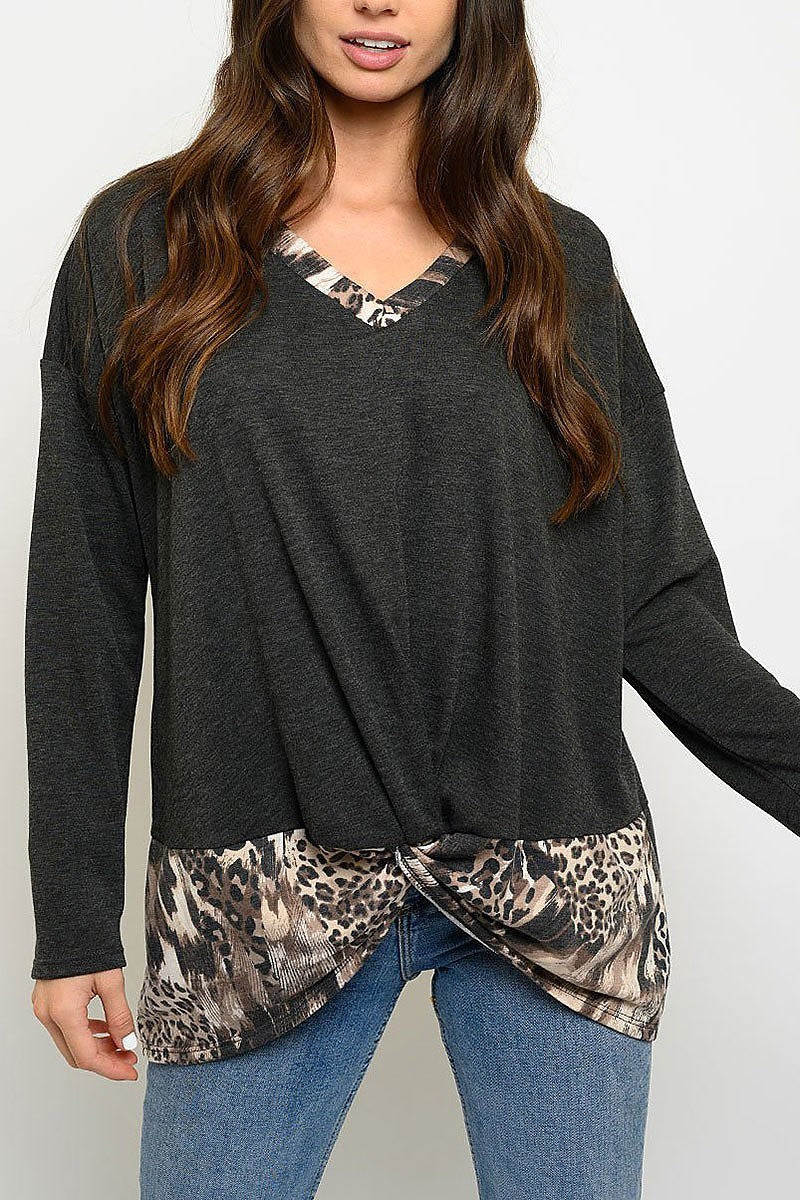 V neck animal print twist hem color block (EDWT3076)