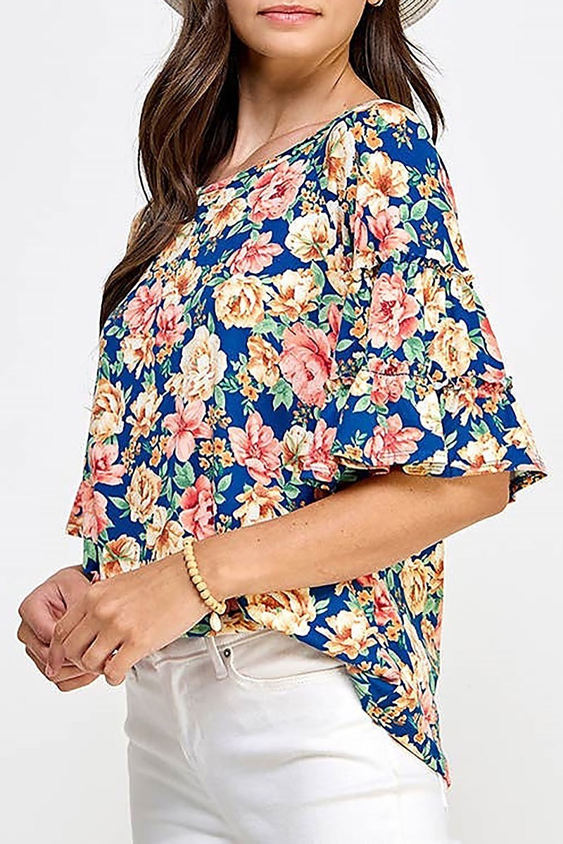 Tiered bell sleeve floral knit top (EF7339)