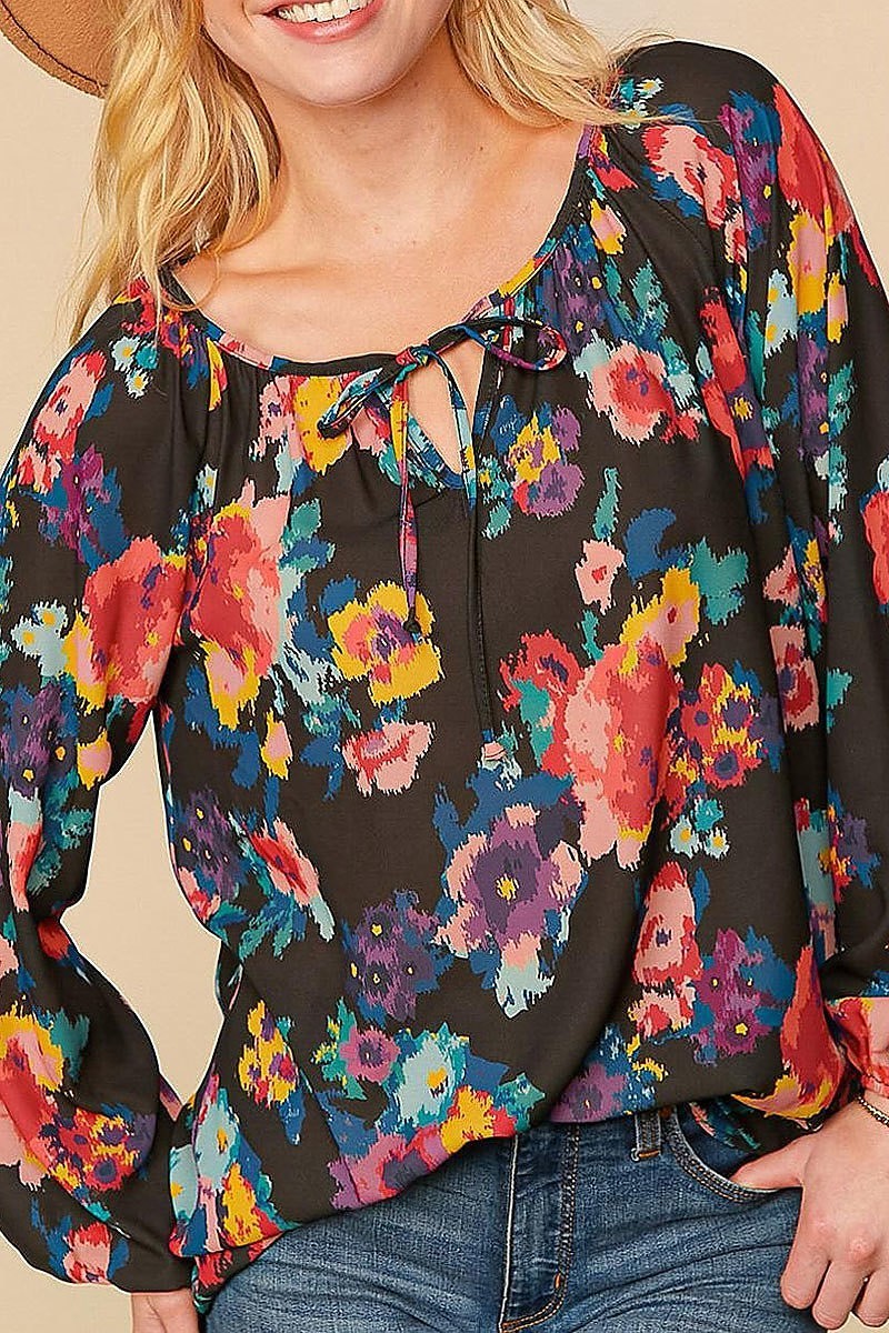 Multi floral front keyhole woven top (ETBM4024)