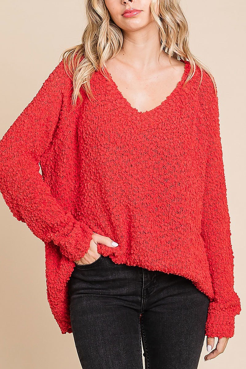 Cozy soft v-neck popcorn sweater (EDH1868)