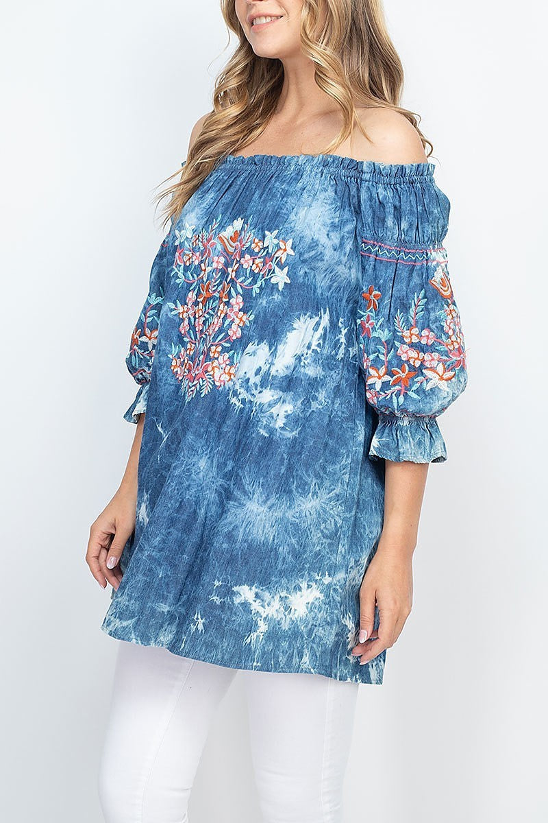 Floral embroidered off shoulder tie dye top (EF1310)