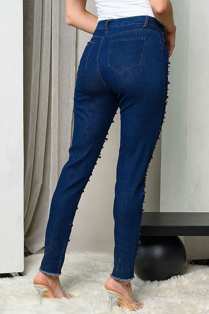 Bead skinny denim pants (EDWT9186)