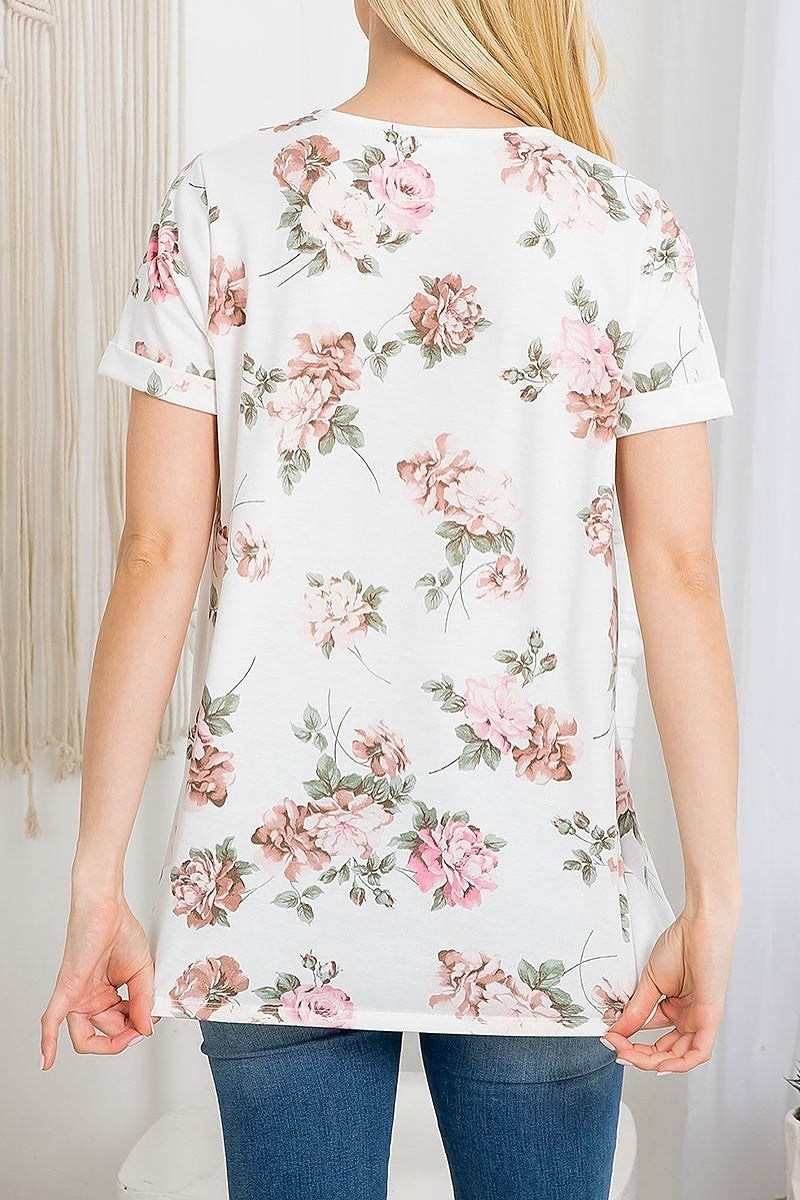 V neck short sleeve floral top (EF3440)