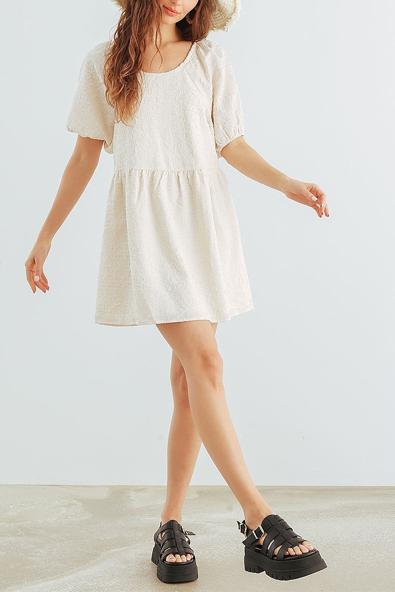 Textured puff sleeve tie back mini dress (TED1868)