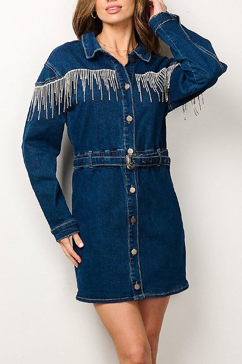 Button up tassel studs detailed denim mini dress (EFWT6873)