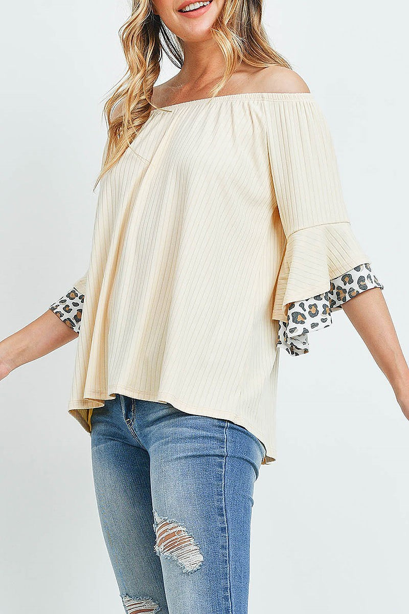 Off shoulder brushed rib bell leopard sleeves top (ED9767)