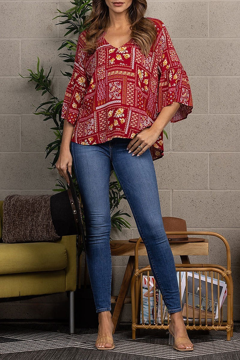 Vintage floral print v-neck top (EDSW2980)