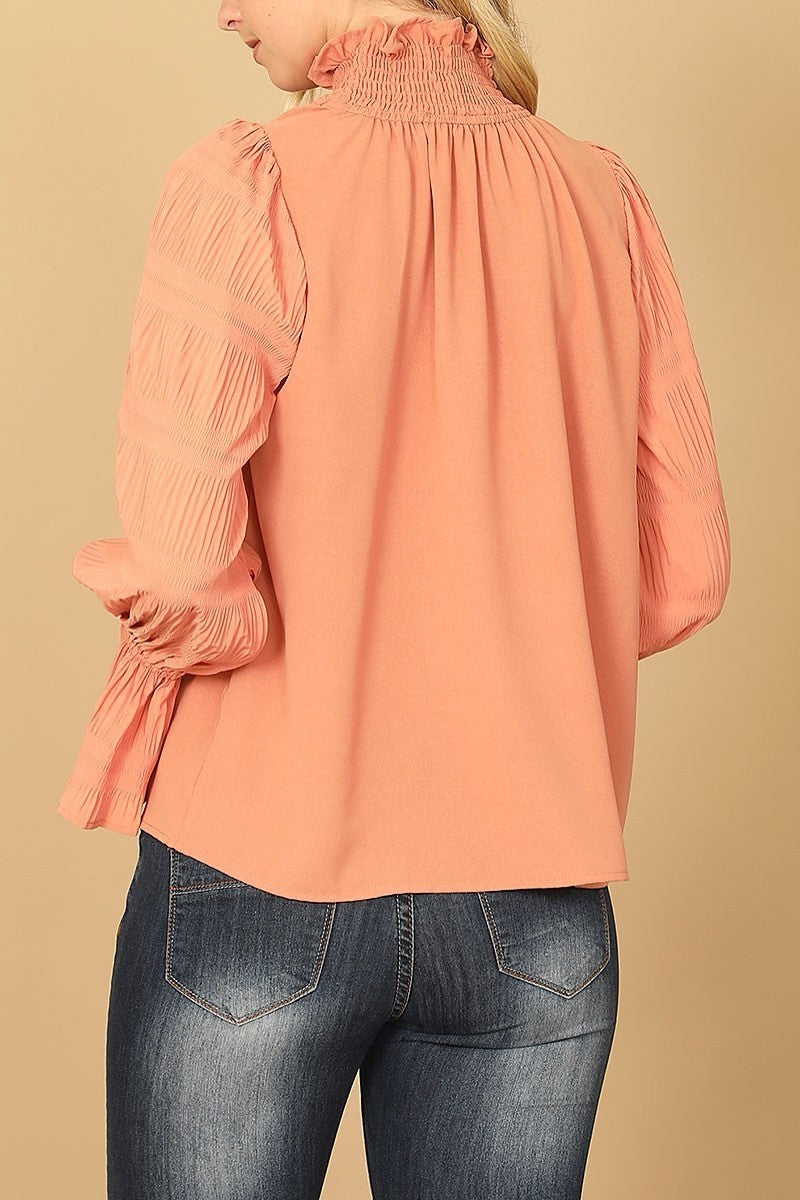 Ruffle turtle neck long bell sleeve solid top (EF7864)