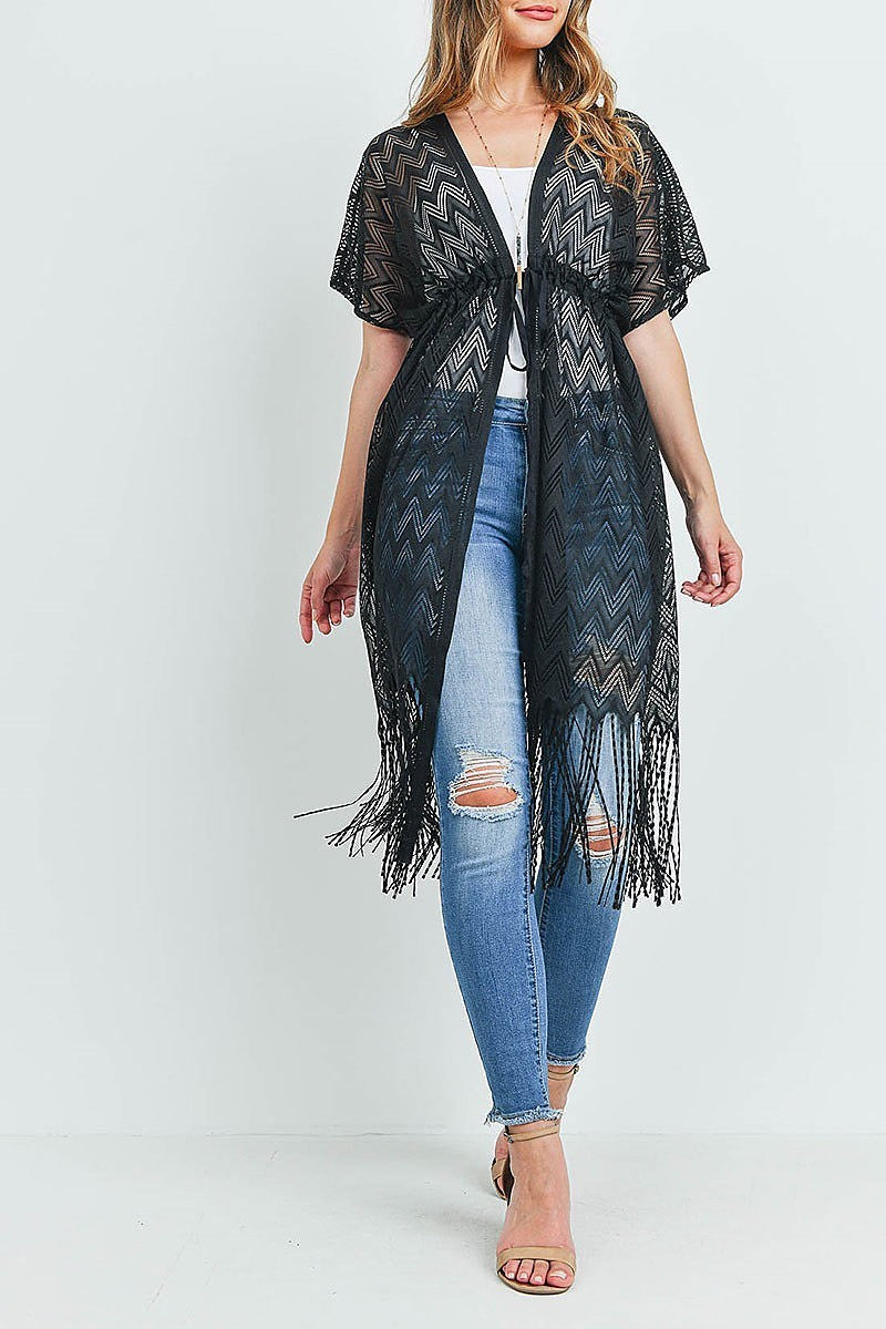 Zigzag wave crochet fringe open front kimono (EF1144)