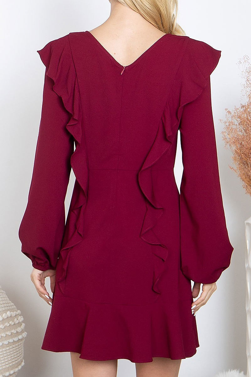 V neck ruffle detail long sleeve dress (DED8111)