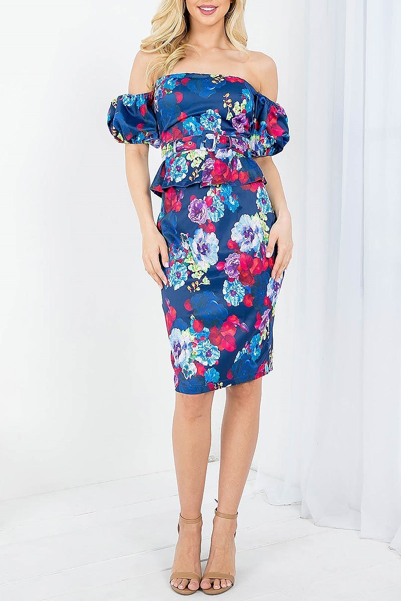 Off shouder puff sleeve floral print top and skirt set (EF3722)