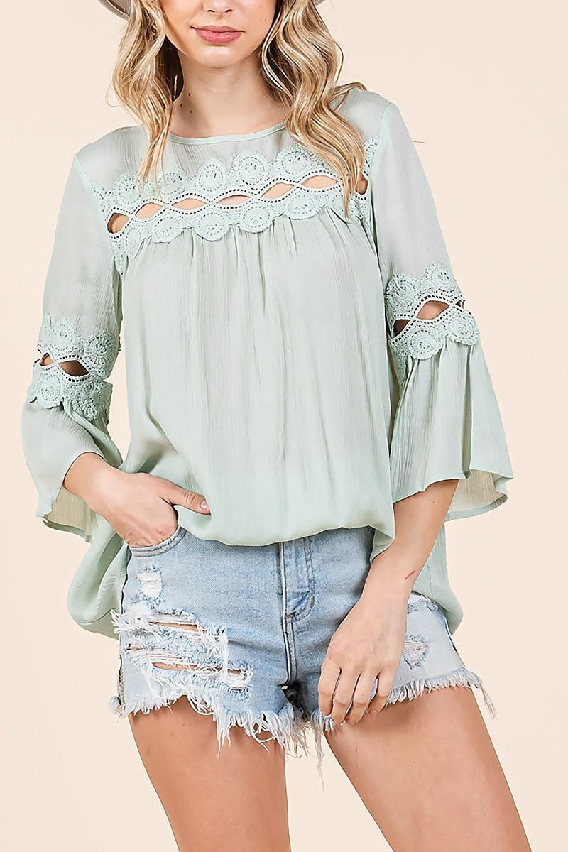 Textured 3/4 sleeve embroidered blouse top (EDH2148)