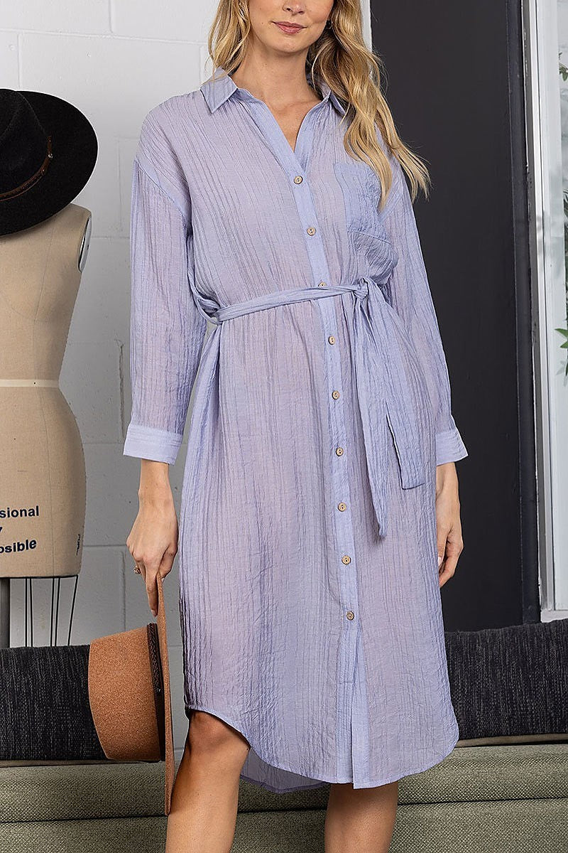 Collared linen long sleeves maxi dress (EDSW3878)