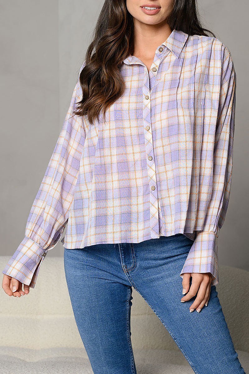 Plaid collar button down pocket long sleeve top (EDWT6711)