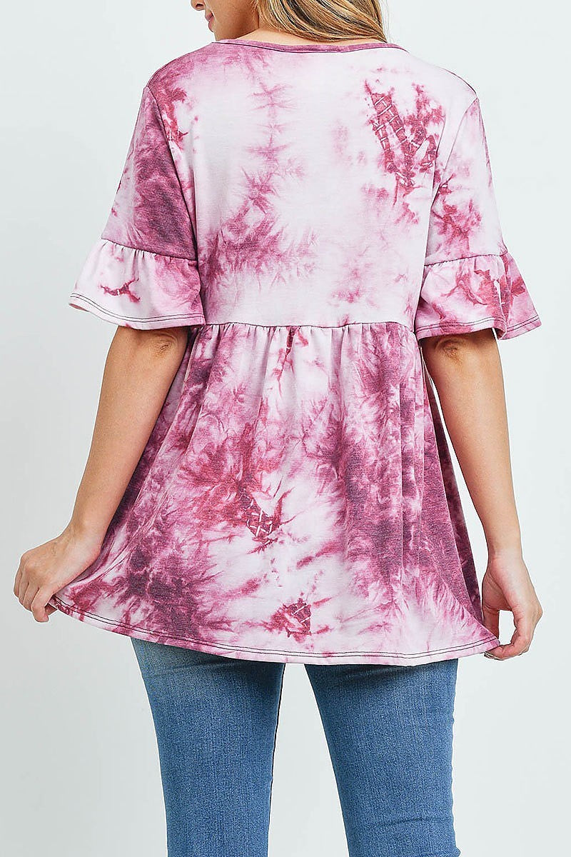 V neck ruffle sleeve tie dye top (ED9618)