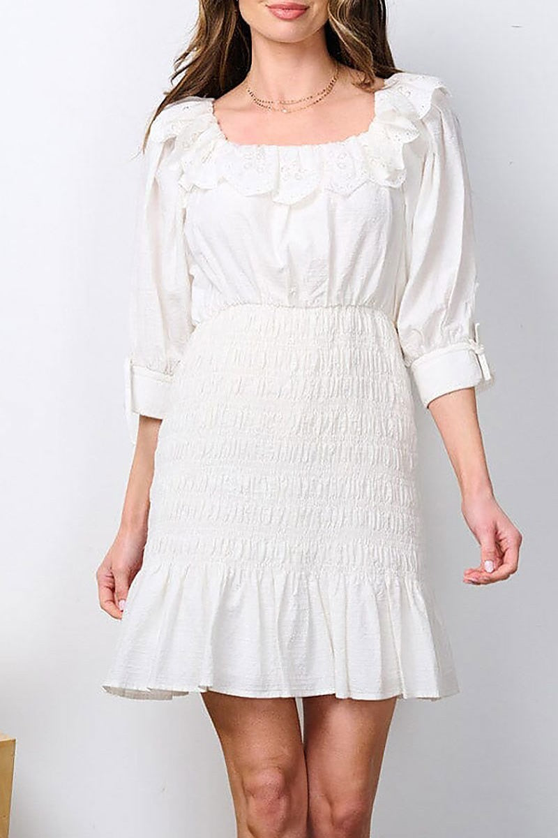 Short sleeve smock open back eyeley mini dress (EFWT7281)