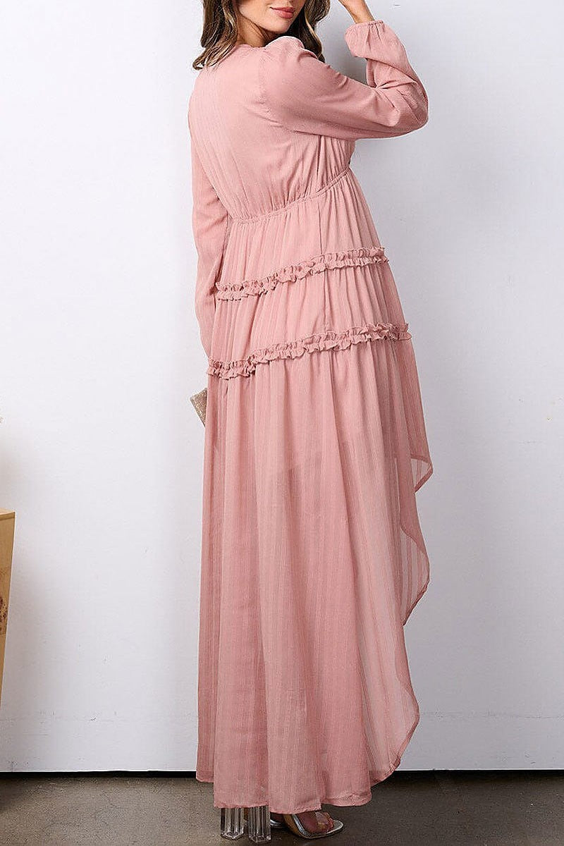 Long sleeve v-neck tiered high-low maxi dress (EFWT7598)