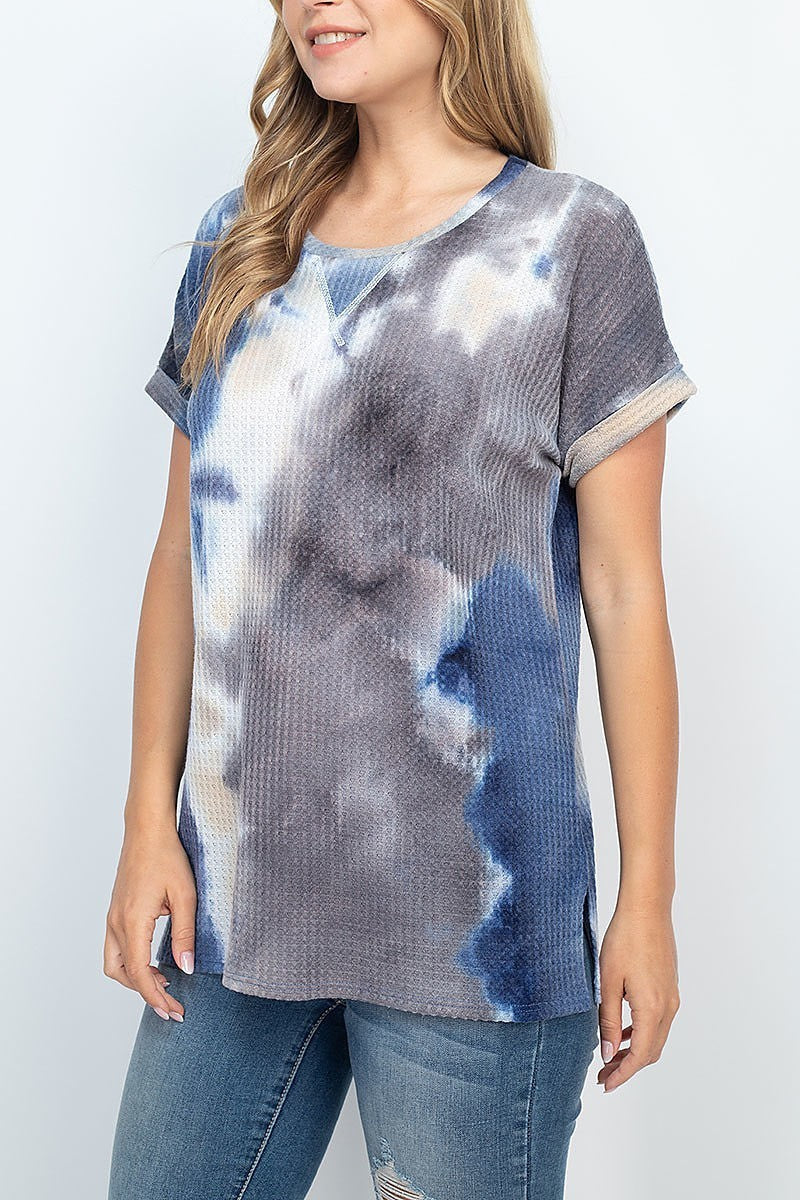 Rolled sleeve round neck waffle tie dye top (EF1859)