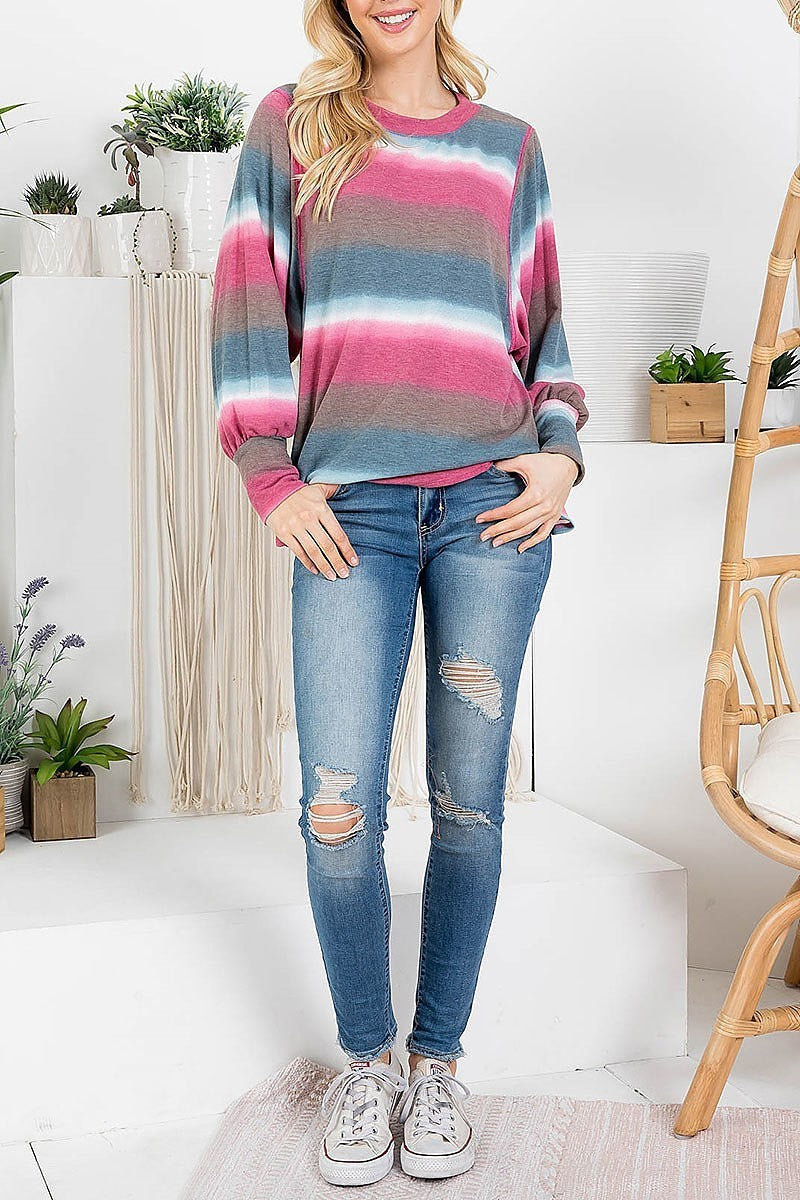 Tie dye stripe bubble sleeve top (EF2832)