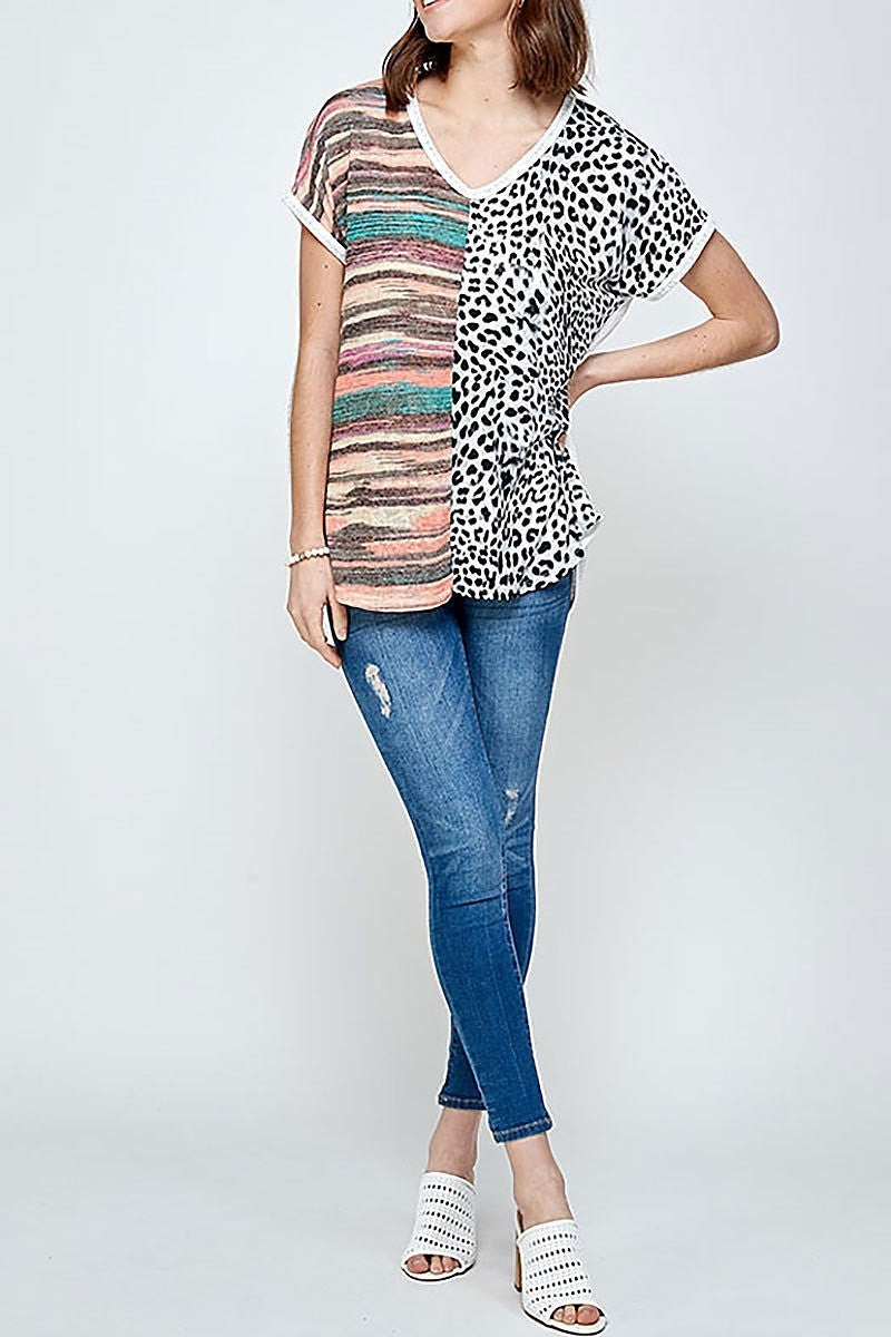 V neck stripe animal print color block top (ED9192-1)