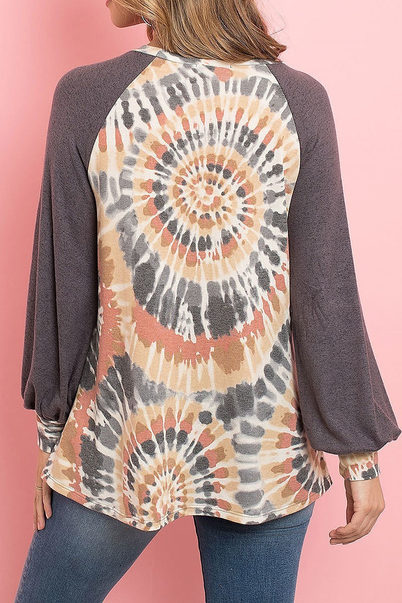 Solid puff sleeves tie dye raglan top (ED8398)