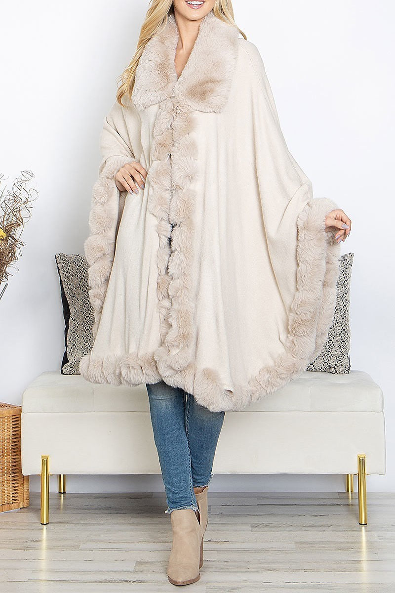 Knee length faux fur fuzzy warm coat poncho (DGS5911)