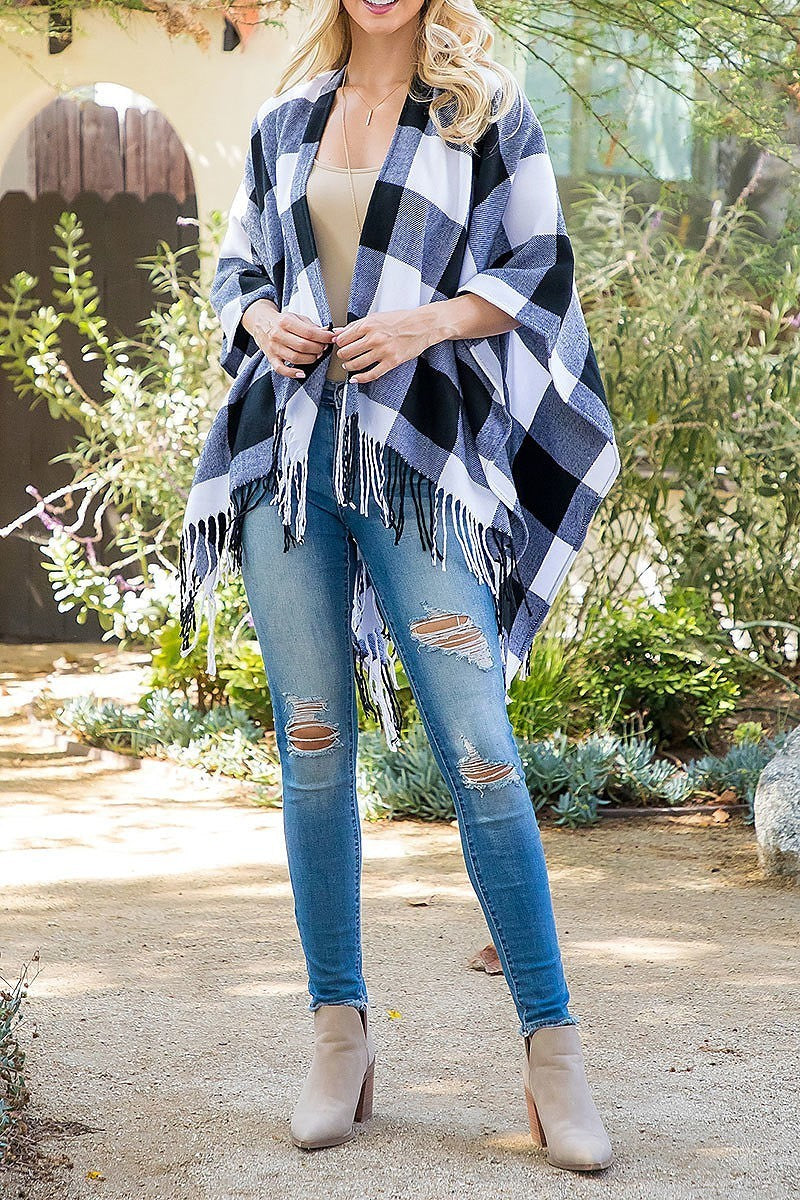 Plaid open front fringe kimono (DGS5878)