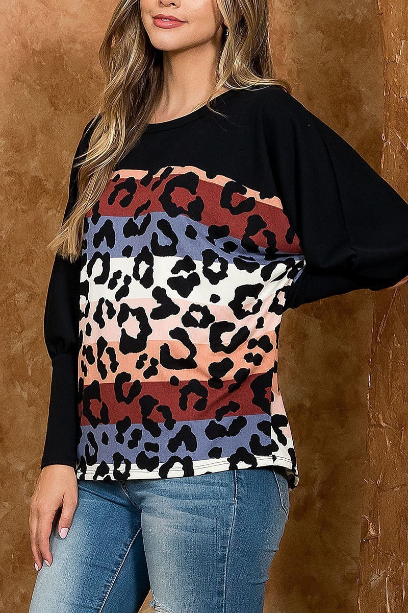 Multi stripe leopard dolman sleeve top (EF4558)