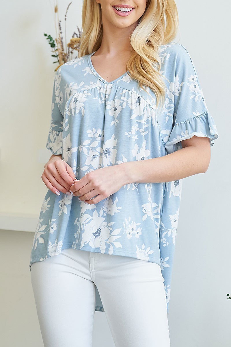 Ruffle sleeve hi low hem floral yoke top (EF3657)