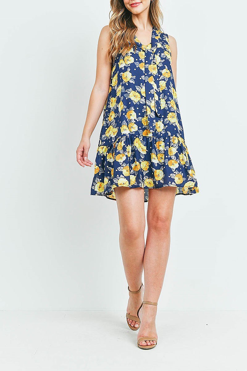 V neck tie neck detail floral polka dot ruffle hem dress (DED6156)