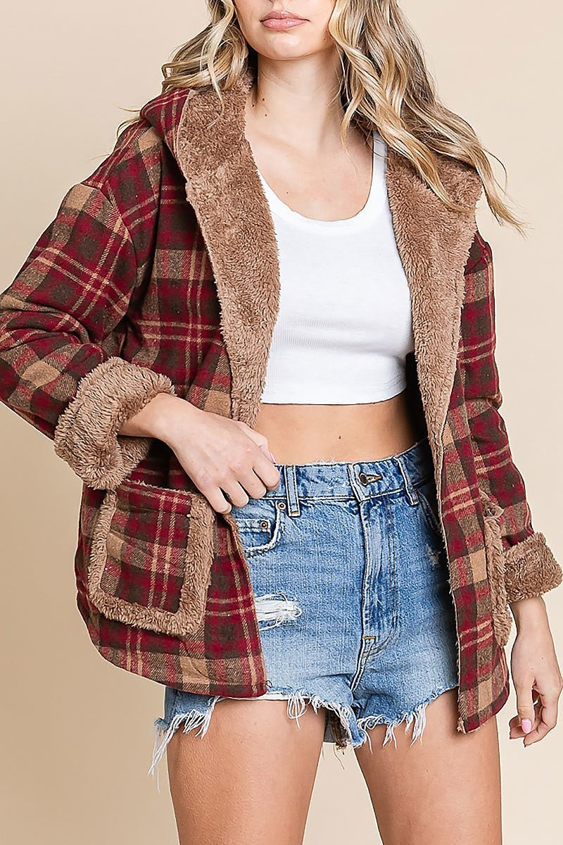 Flannel plaid reversible hooded fur jacket (EDH1944-2)